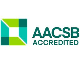 AACSB-Akkreditierungslogo mit einem geometrischen Design in verschiedenen Grüntönen und der Aufschrift "AACSB ACCREDITED".